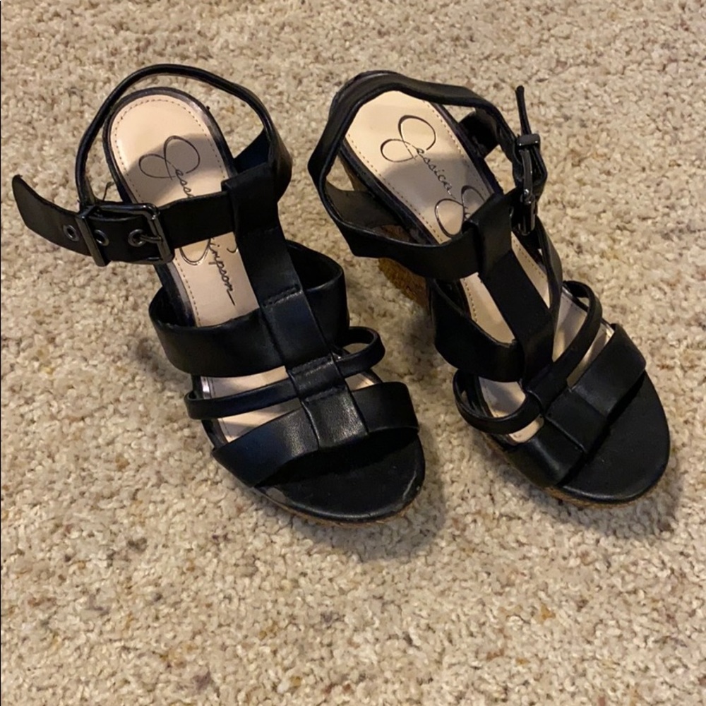 Jessica Simpson black leather wedge espadrilles